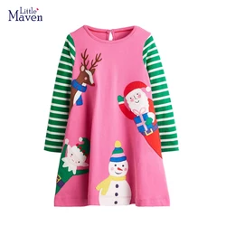 Little maven 2024 Clothes for Baby Girls Long Sleeves Cartoon Embroidery Christmas Dress Cotton Autumn Casual Clothes Kids