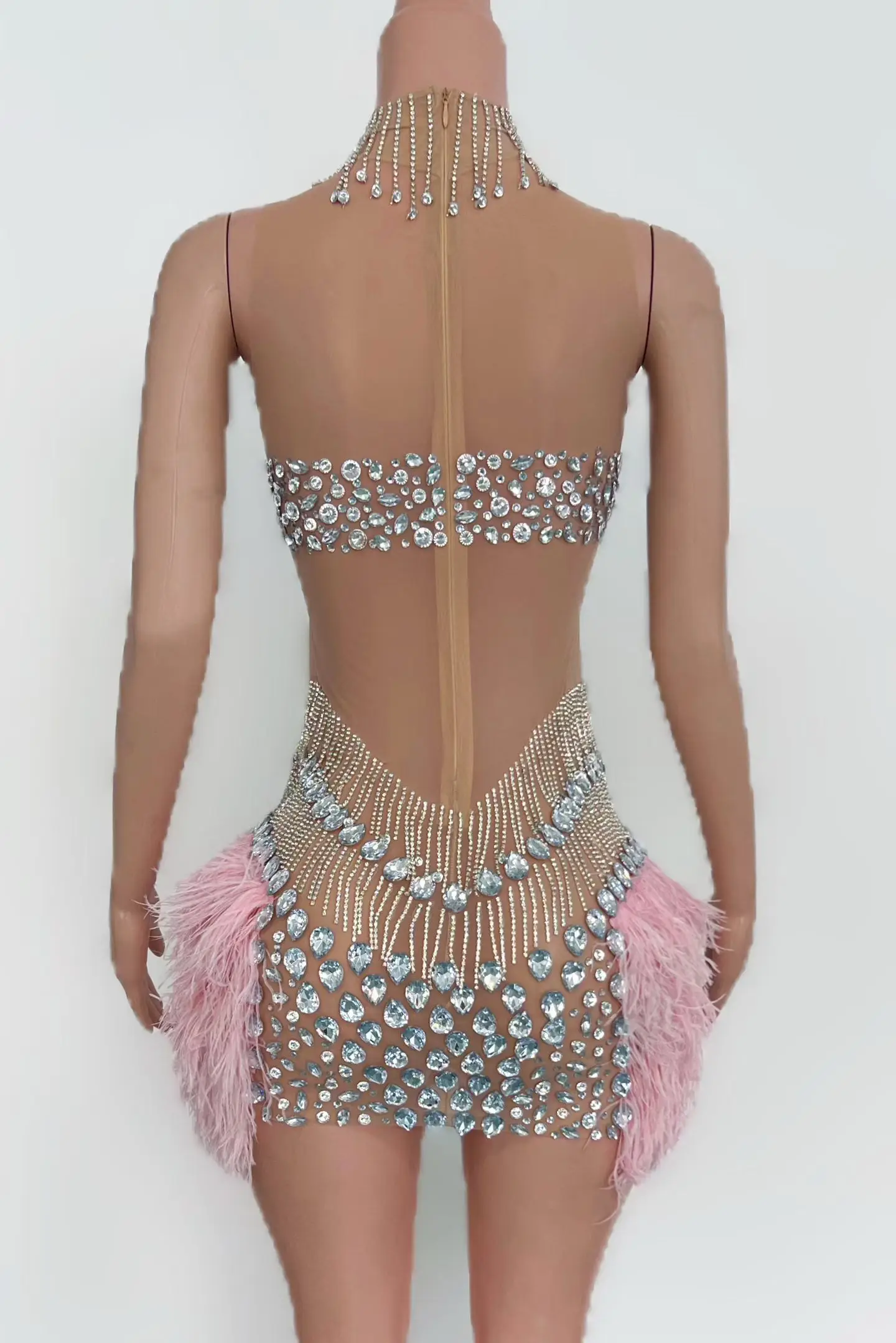 Jiubao Abito da sera da donna di lusso Prospettiva sexy Maglia Argento Cristallo Abito con piume rosa Abito da spettacolo per festival musicali da bar