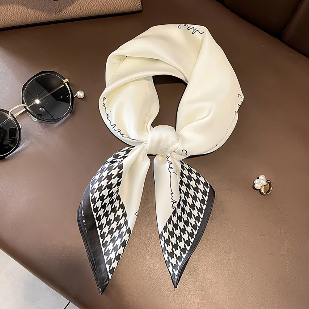 Luxury Plaid Print Square Scarf for Women Soft Satin Hairband Neck Tie Head Hijab Headband Foulard Bag Ribbons Gift Office