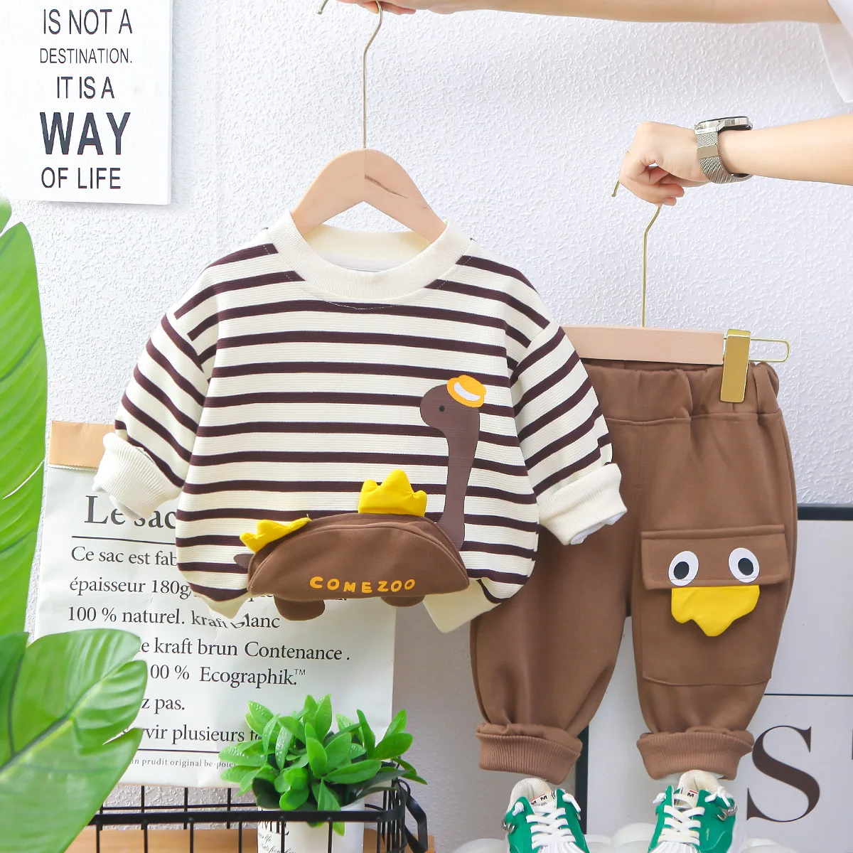 Spring Autumn Kids Boys 2PCS Clothes Set Cotton Striped Cartoon Pullovers Pocket Solid Pants Suit Toddler Boys Outfits