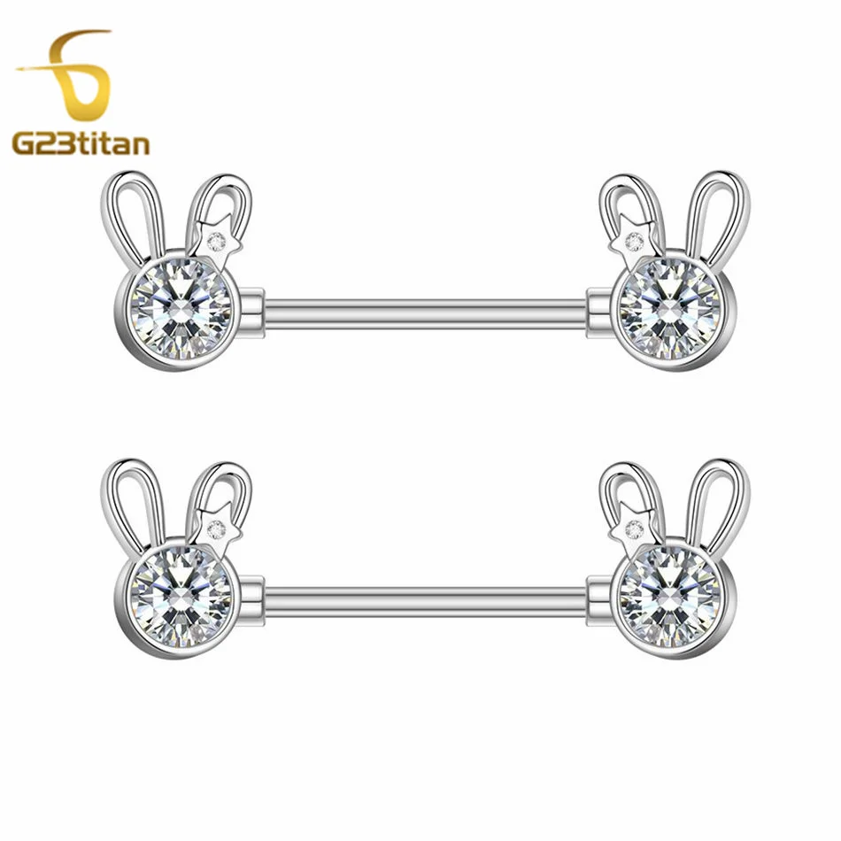 2pcs 14G Cute Rabbit Nipple Rings Stainless Steel or Titanium Silver Color Zircon Crystal Barbell Body Piercings Jewelry Gifts