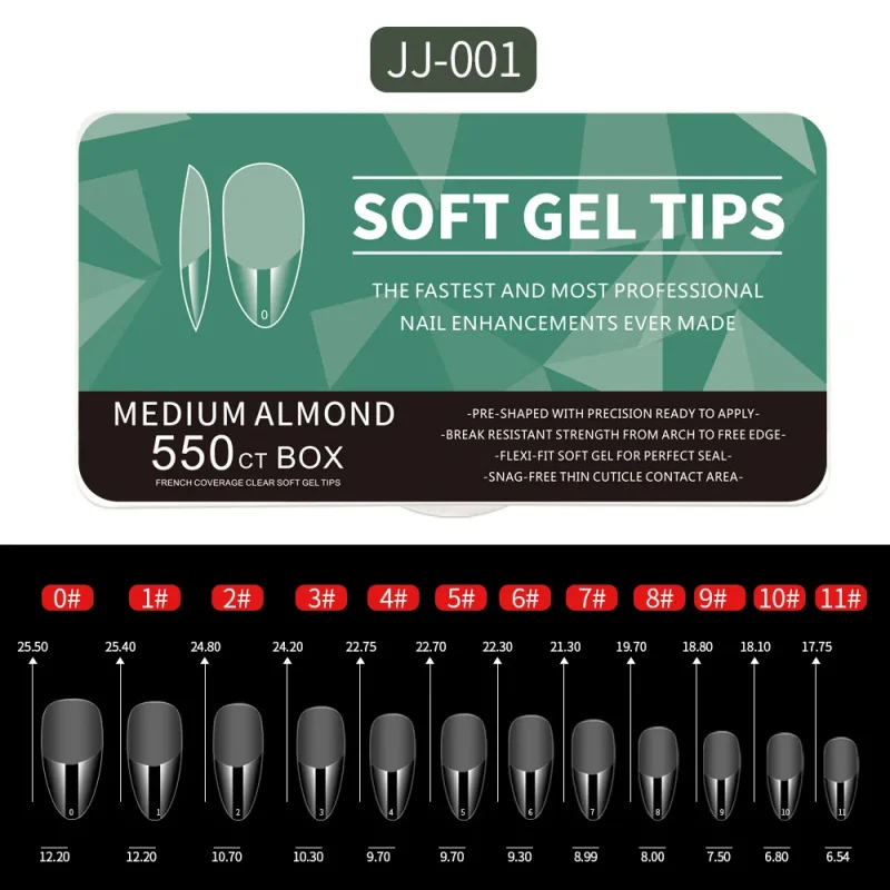 Set de 550 puntas de gel suave, tallas 0-11, semi esmeriladas, cubierta completa, ultra finas 5