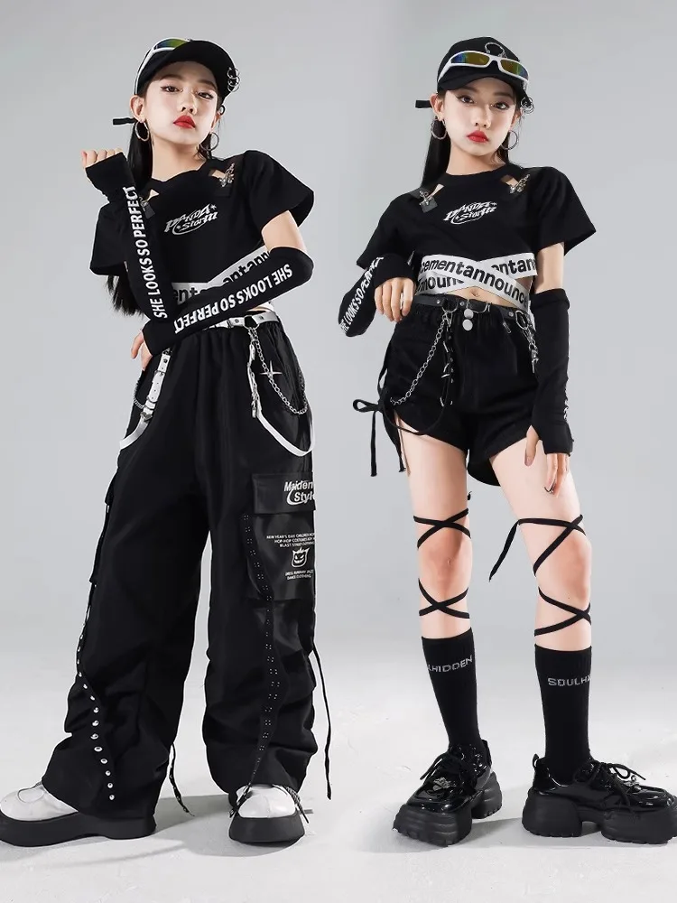 Schwarz Jazz Dance Kostüm Mädchen Hip Hop Kleidung Sommer Kurzen Ärmeln Kpop Street Wear Bühne Leistung Anzug Team Kleidung BL14776