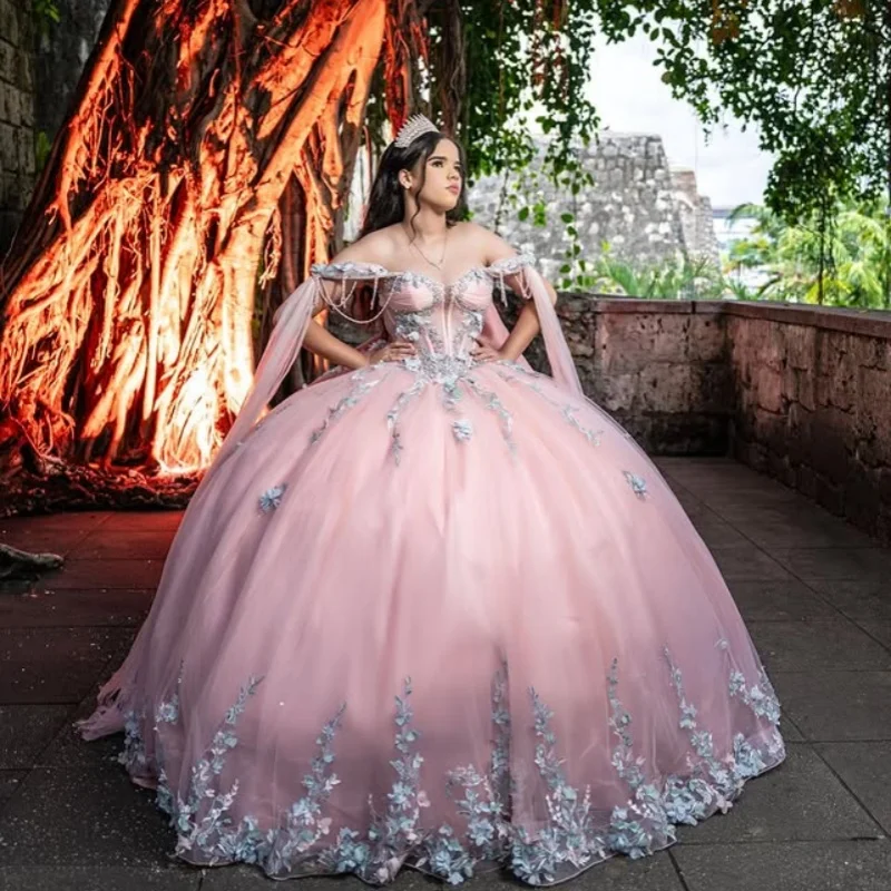 Vestido rosa para quinceañeras con hombros descubiertos, encaje con cuentas, purpurina, calcomanía de flores 3D, vestidos con lazo de 15 quinceañeras ﻿ Personalizado