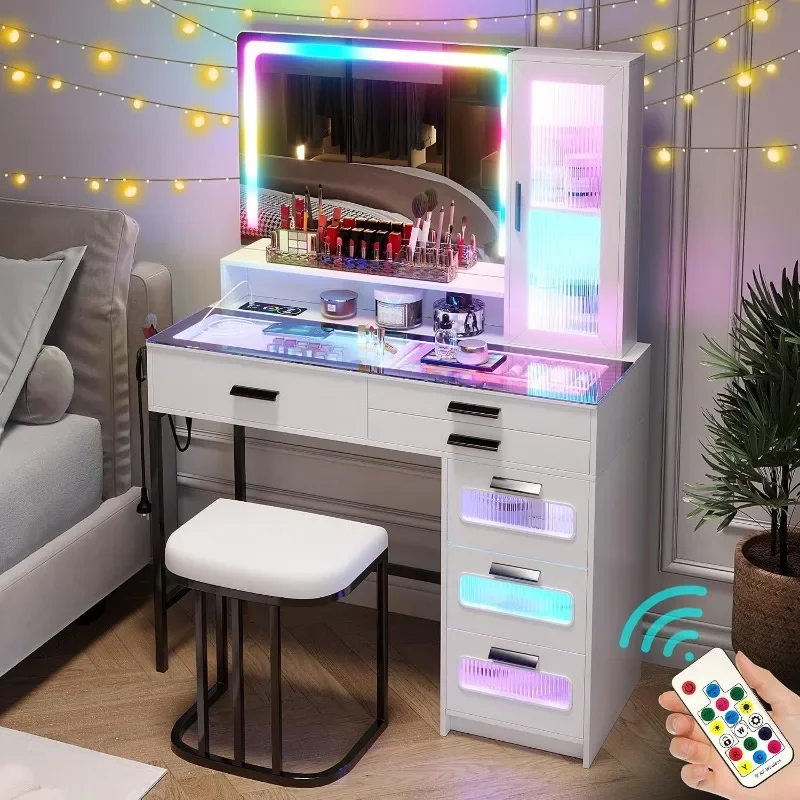 WOOVIVS Dressing Table with RGB Motion Sensor Light&Charging Station Drawer,stool,usb port,Motion Activated LED Light
