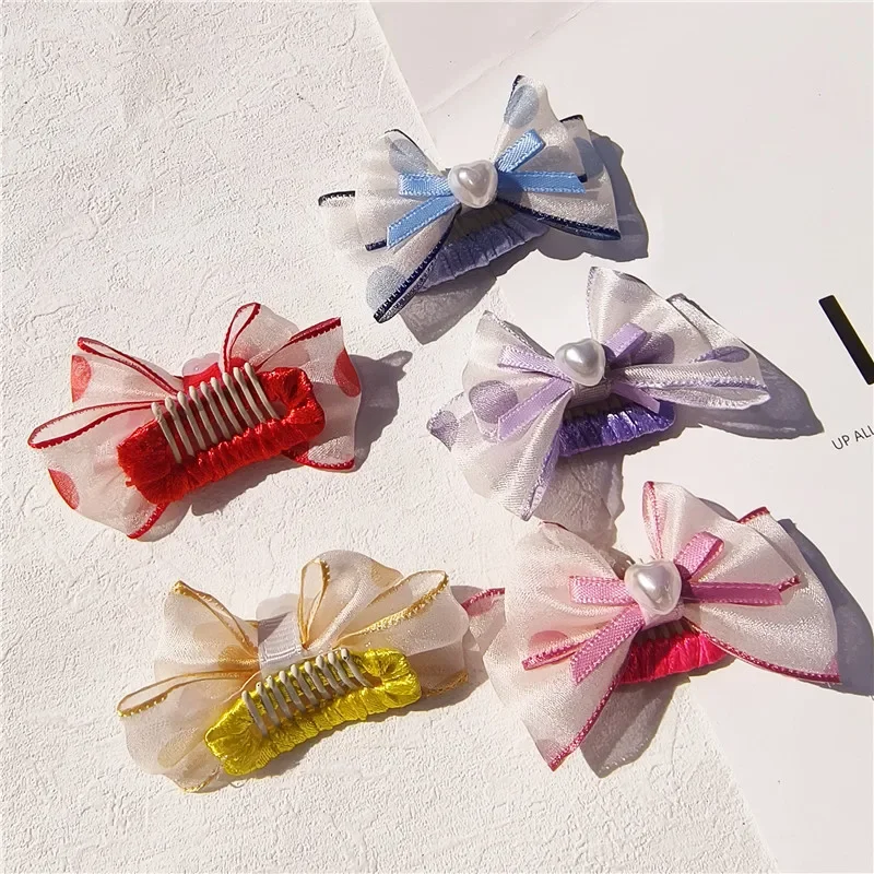 Cute Pet BB Hair Clip Heart Shape Bow Pet Hair Pin Handmade Bow Hair Clip for Yorkshire Bichon Teddy Dog Accessories