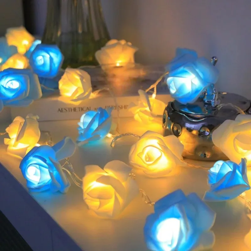 20 Lights Artificial Rose Flower LED Fairy String Light Battery Powered Wedding Party Mother's Day Home Bedroom Decoration