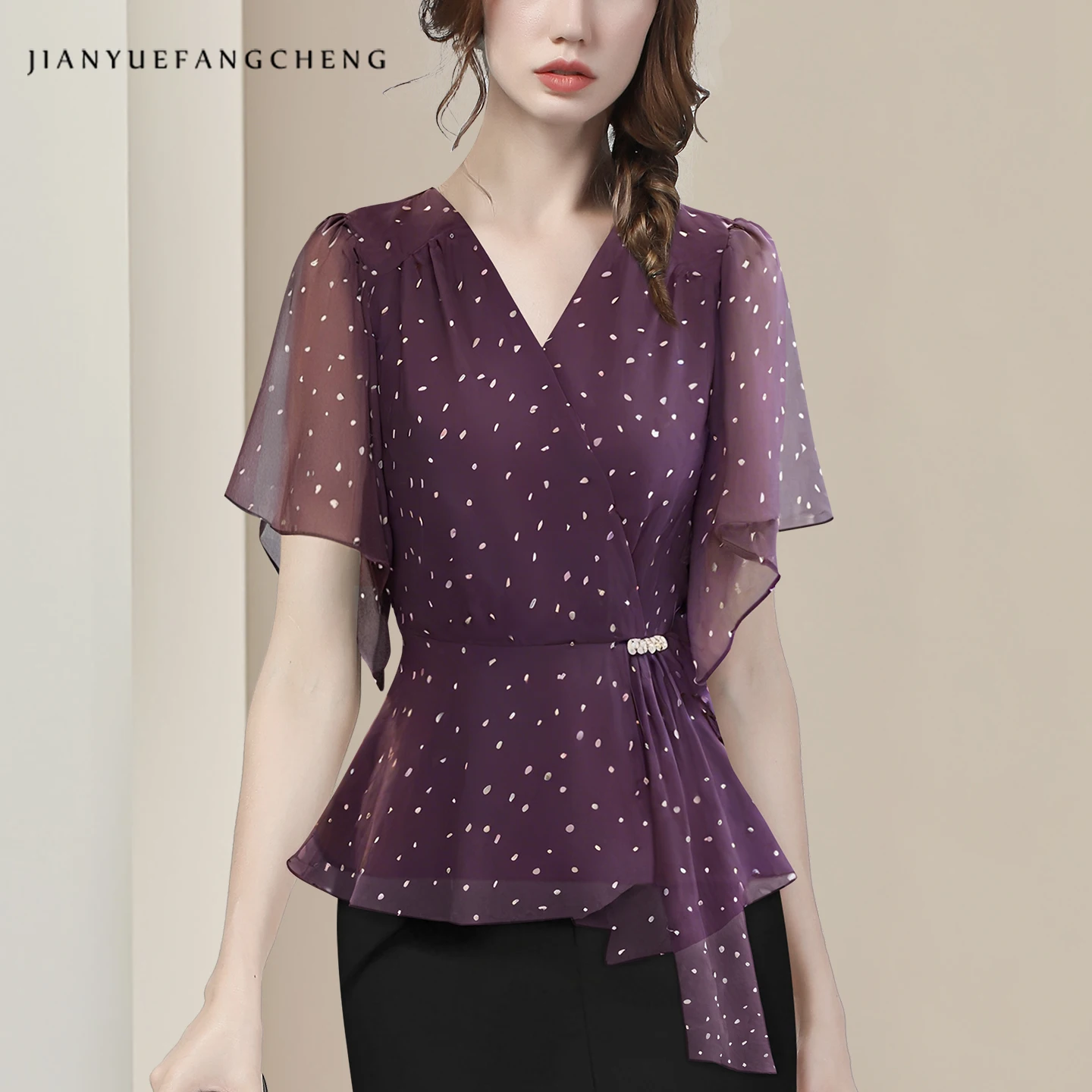 

2025 Summer Purple Polka Dot Chiffon Top Women's waist cinched V-neck short sleeve Lightweight Casual Evening shirt