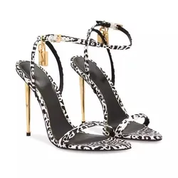 Summer new metal lock buckle with open toe crossband sexy sandals metal thin high-heeled banquet dress large size women's shoes