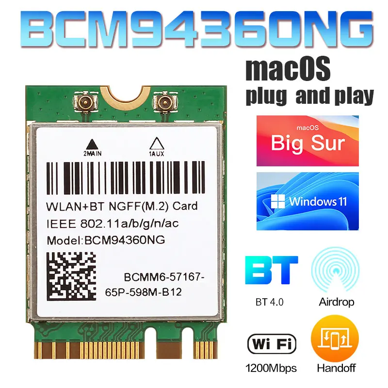 1200Mbps 802.11ac WiFi BCM94360NG NGFF M.2 BCM94360CS2 5Ghz WLAN Bluetooth 4,0 tarjeta DW1560 para Windows Mac Hakintosh Windows 11