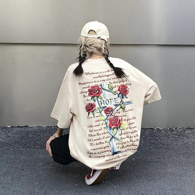 

Vibe Style Loose Vintage Rose Large Print Short Sleeve T-shirt Women's Summer Harajuku Style Round Neck Top