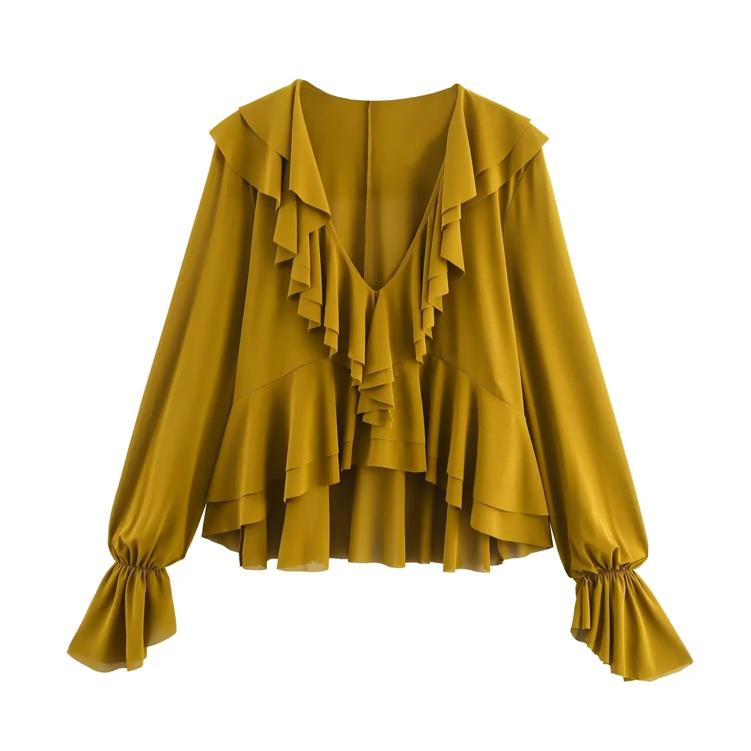 

Topenomi Women Shirts 2025 Autumn Tierred Ruffle V Neck Irregular Crop Top Fashion Versatile Flare Sleeved Blouse Blusa Mujer