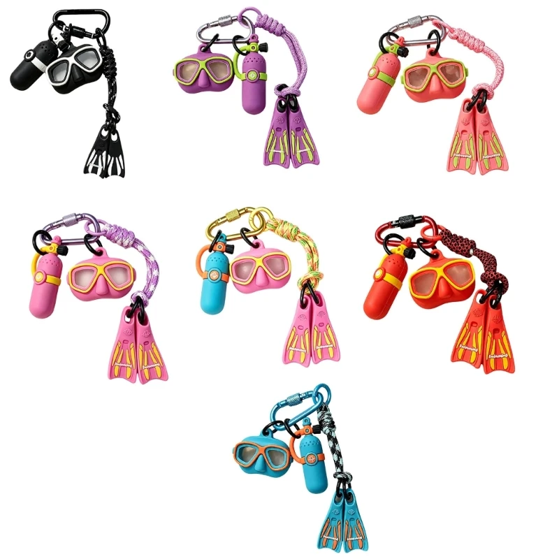 195C Diving Gear Keychain Bag Decoration with Soft Rubber Mask, Fins, Air Clip and Connecting Rings for Keys or Bags
