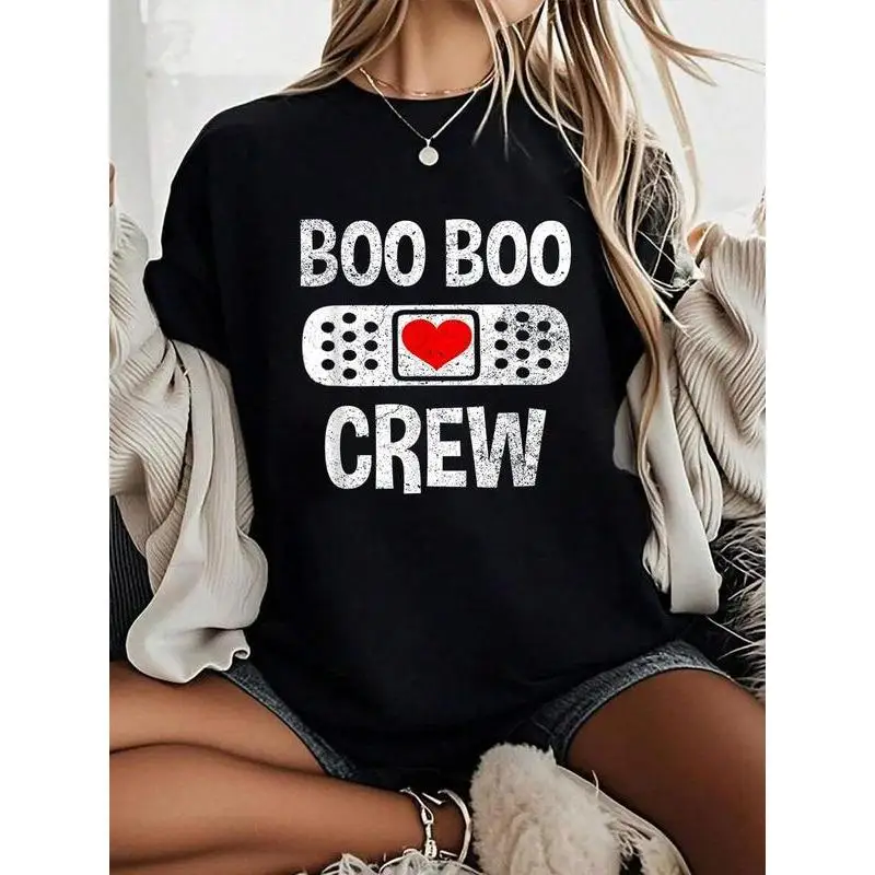 

Women's Boo Boo Crew T-shirt Funny Nurse Graphic Tee Heart Bandage Print Top Casual
