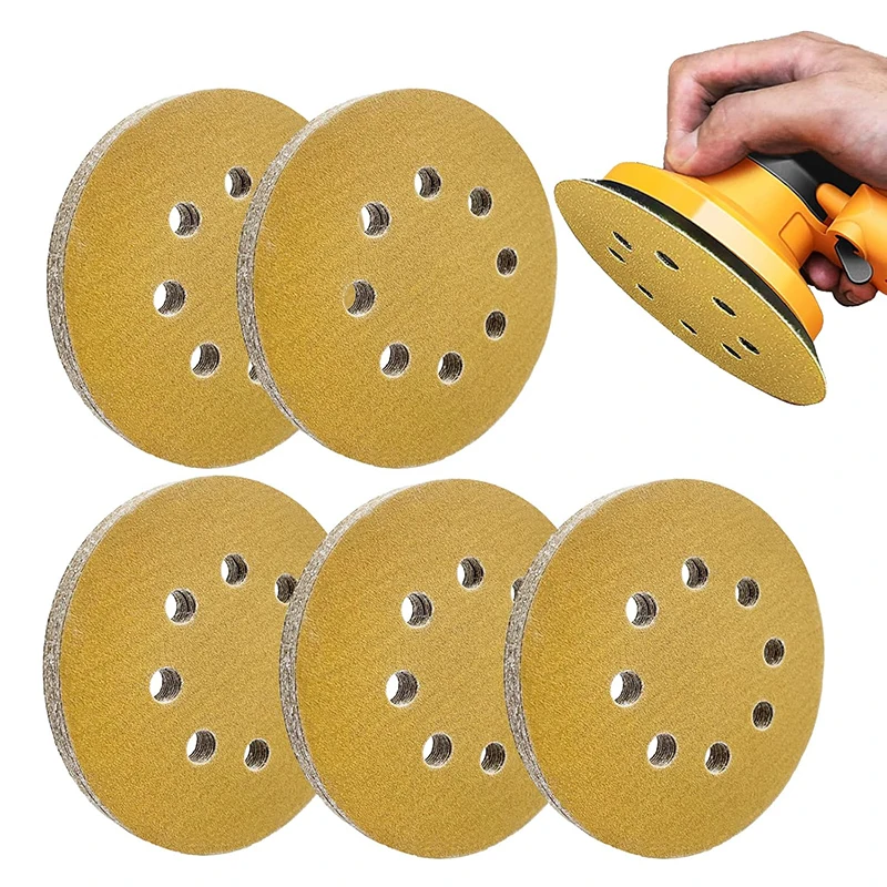 10/20/50 pcs 5 Inch 8 Holes Yellow Sanding Discs Hook and Loop Sandpaper Round Orbital Sand Paper for Woodworking Grinding Disc