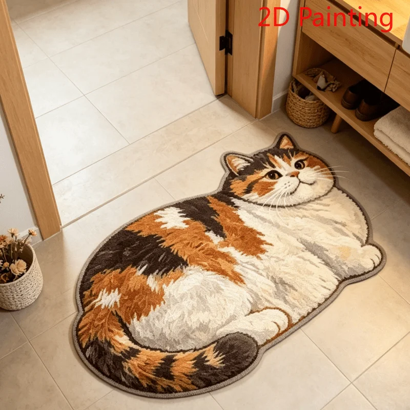 VIKAMA Simulation Lazy Lying Cat Shaped Plush Floor Mat For Foyer Bathroom Living Room Cute Cartoon Home Floor Mat