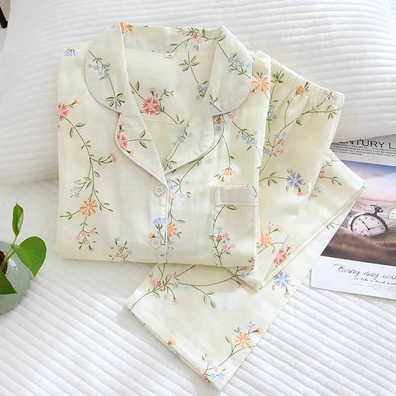 

Autumn Gauze Suit Cotton Pajamas 100% Woman Long Sleeve Sleepwear Spring Thin Home Clothes Korea Fashion Pyjama Pour Femme