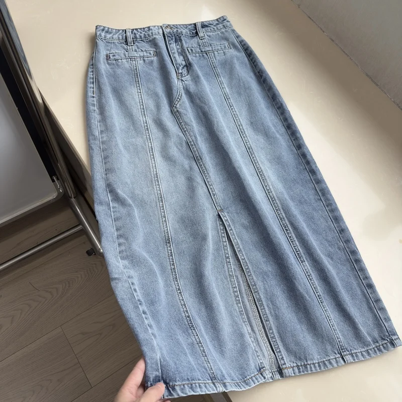 

Blue Slit Design Women's Skirts Solid Color Slimfit High Waisted Washed Denim Dress Spring Daily Commuting Ankle Length Skirt
