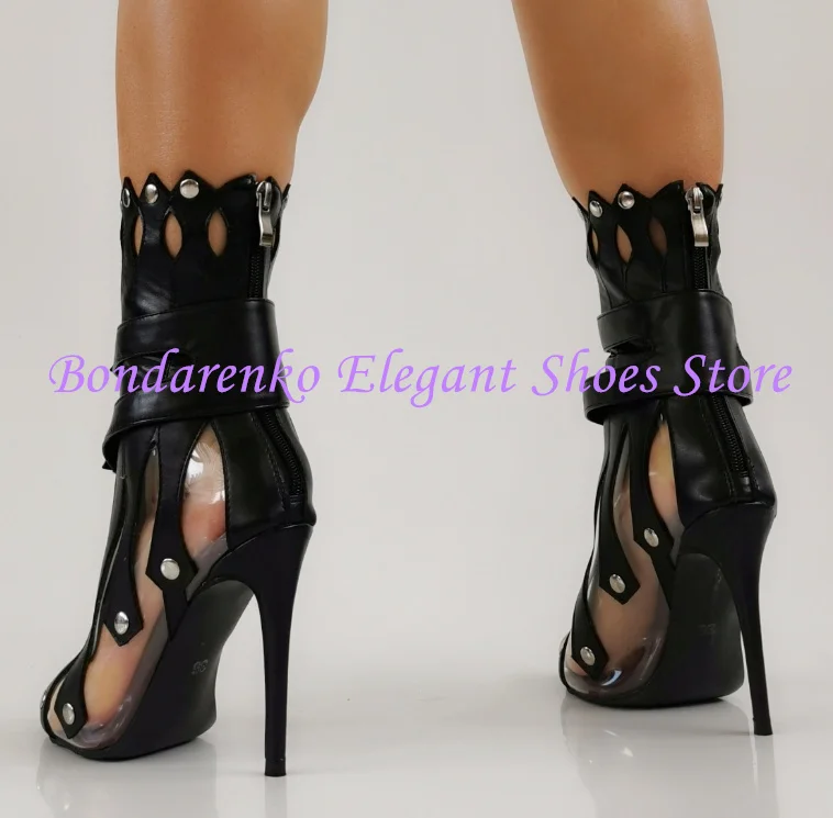 Unique Design Hollow Out Woman Sandals Fashion Thin Heel Rivet Lady High Heels Sandals Short Boots Sexy Dress Party Shoes Pumps