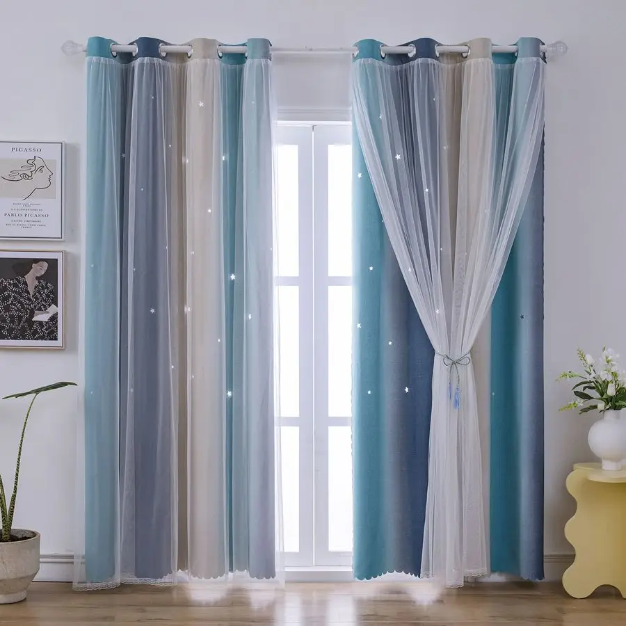 

Ombre Rainbow Blackout Curtains for Kid Girls Bedroom Living Room Darking Stripe Double Layer Star Cut Out Wall Home Decor Gradi