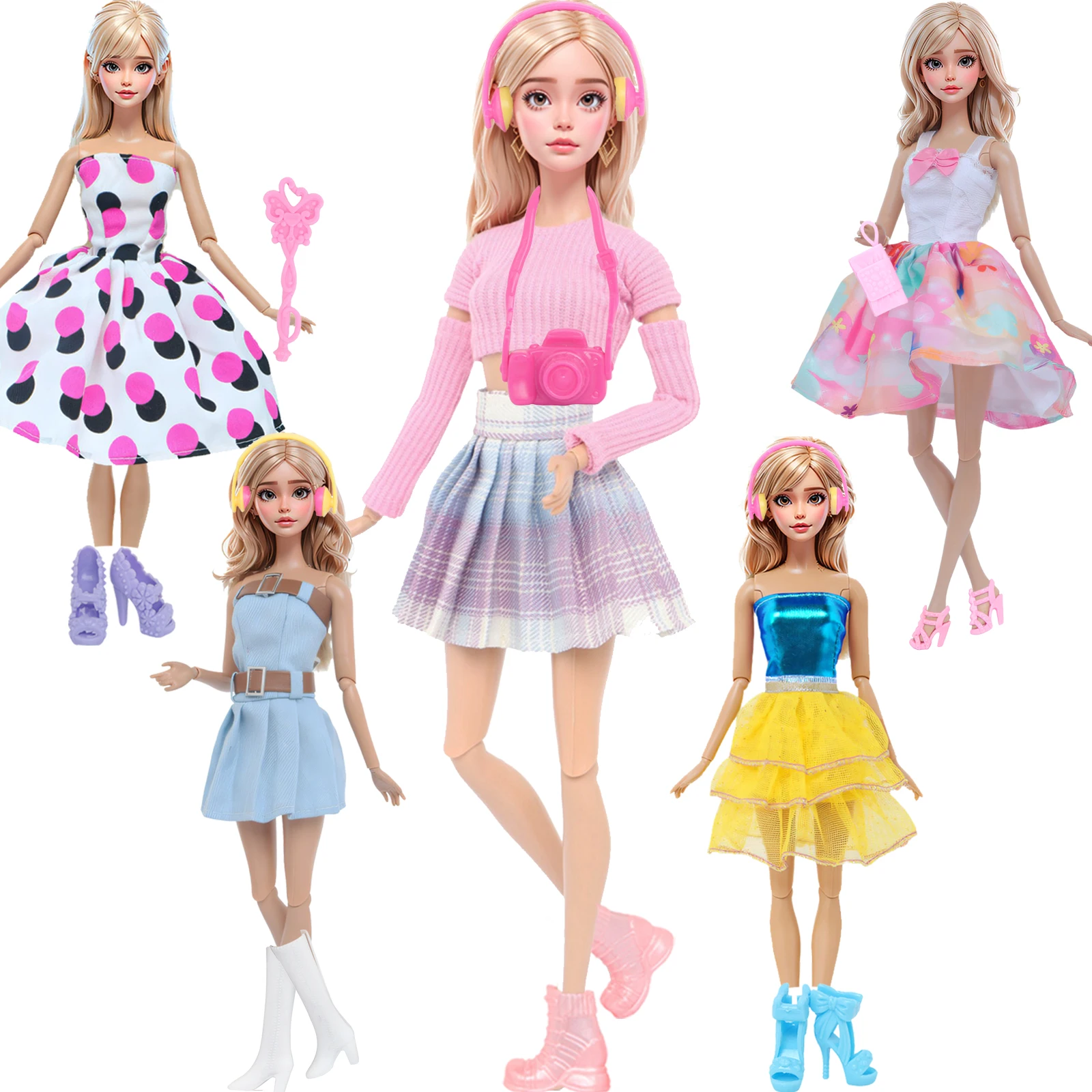 Fashion Doll Outfit Dress Set 11.8 Inch Doll Tops Daily Skirt with Accessories Shoes Bag Headset 30cm Doll Clothes 1/6 Toy Gift