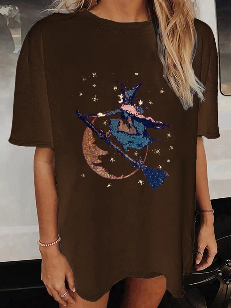 Seeyoushy Witch Flying Halloween Print 2023 New Short Sleeve Crew Neck Ladies T-shirt Casual Ladies Top Y2K Aesthetic Clothing