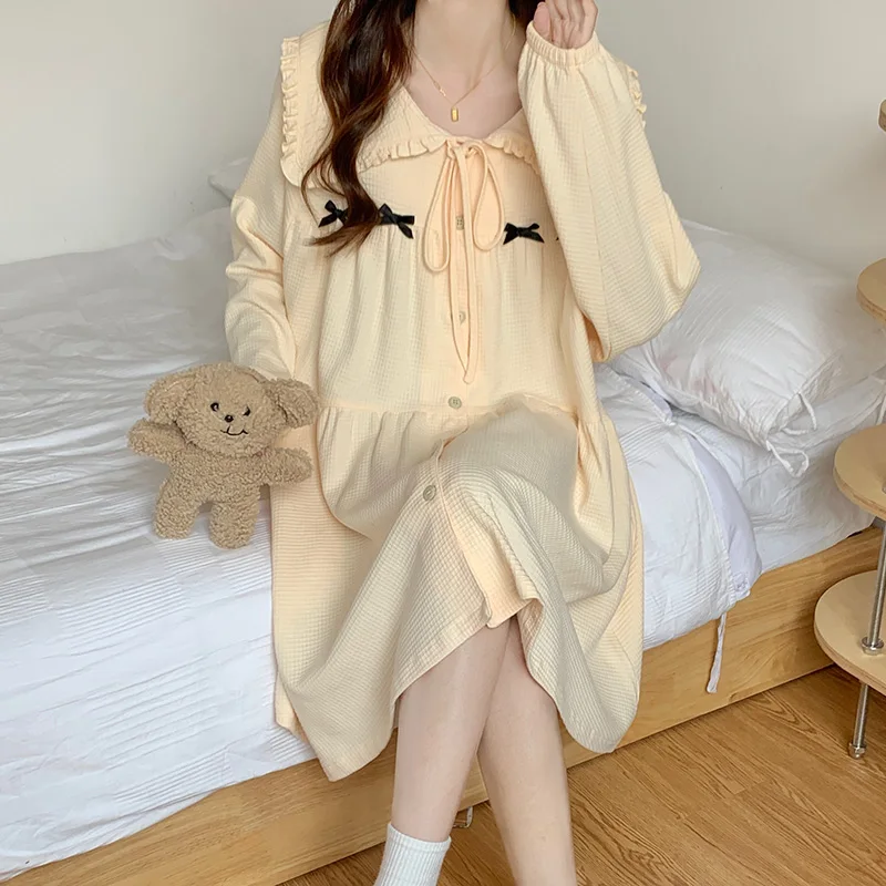 Women Peter Pan Collar Long Sleeve Nightgowns Bow Single Breasted Lace Up Sweet Simple A-line Korean Style Loose Summer Fungus