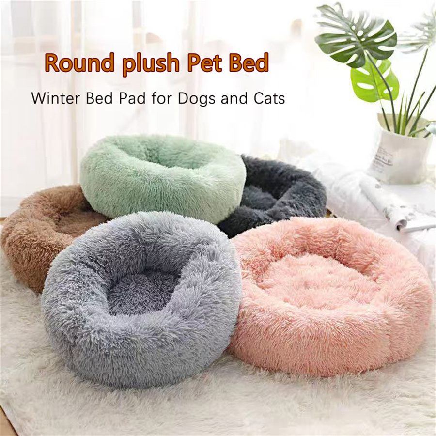  Soft Pet Cat Bed Pad Plush Warm Faux Fur Dog Calm Bed Donut Round Bed Comfortable Sleeping Washable for Small Medium Dog and Cat