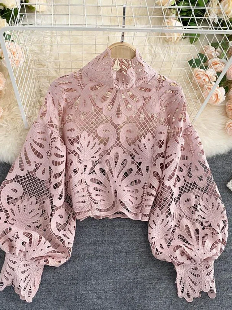 Sweet Memory Lantern Long Sleeve Stand Collar Shirts Female Elegant Red/Pink/White Loose Tops Sexy Lace Hollow Out Short Blouse