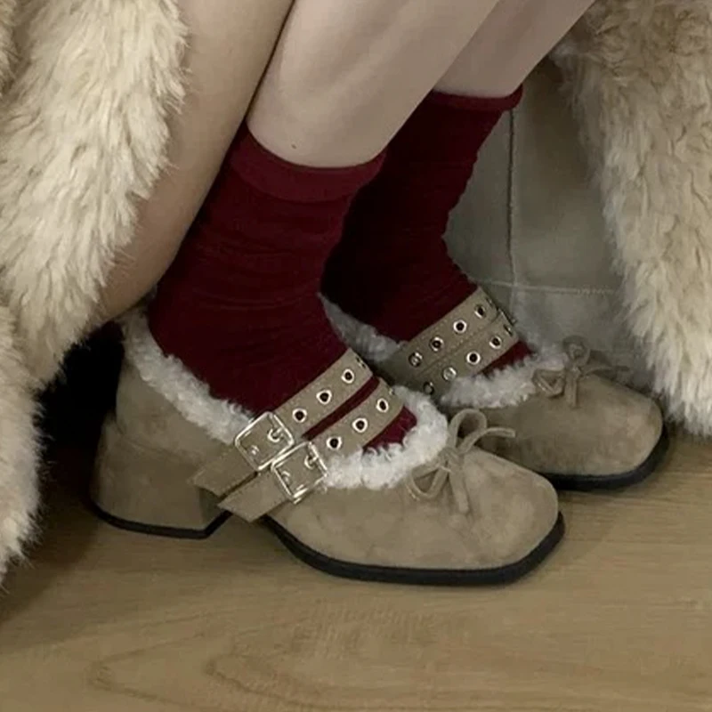 الفراء القوس عالية الكعب المرأة ماري جين أحذية مصمم مكتنزة الجلد المدبوغ أحذية 20226 جديد شتاء دافئ أحذية قطنية مضخات Mujer Zapatos