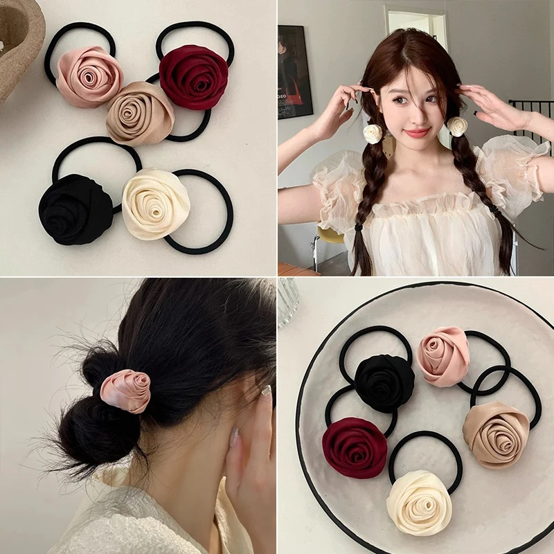 5 Colors Satin Hair Tie Rope Women Fashion Rose Flower Hair Rubber Bands Scrunchies Korean Elastic Hair Accessories Headwear