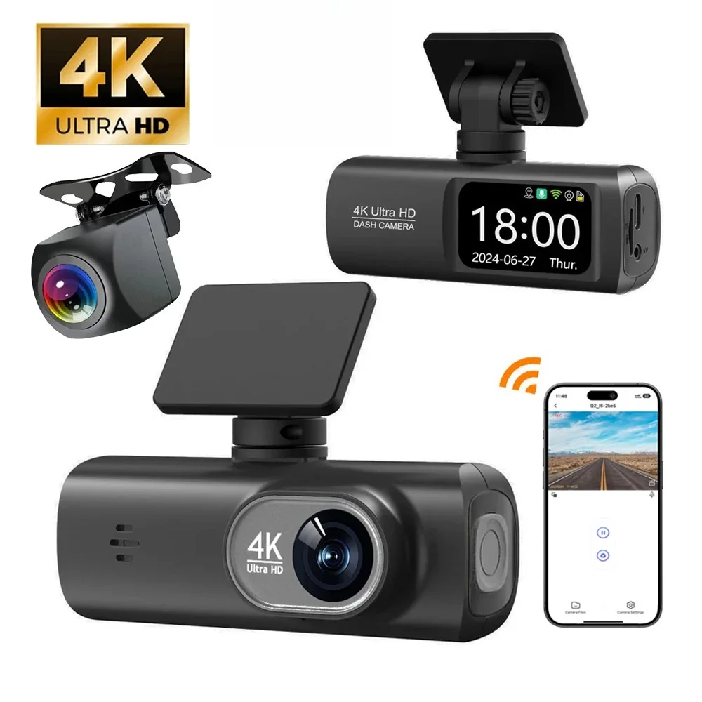 

UHD 4K Car Recorder with Rear 1080P Camera WiFi Control Night Vision Wide-Angle G-Sensor 24-Hour Park Black Box DVR IPS Display