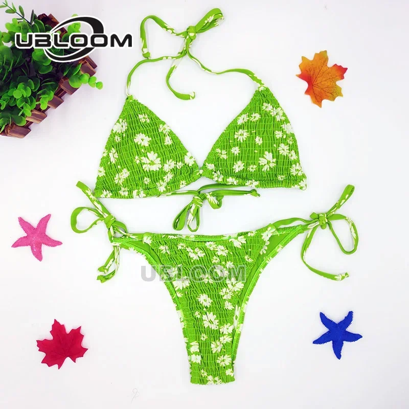 Sexy Triangle Ruched Bikini Set Pleated Side String Swimsuit High Cut Bathing Suit Women Swimwear Beach Wear Bathers Biquini