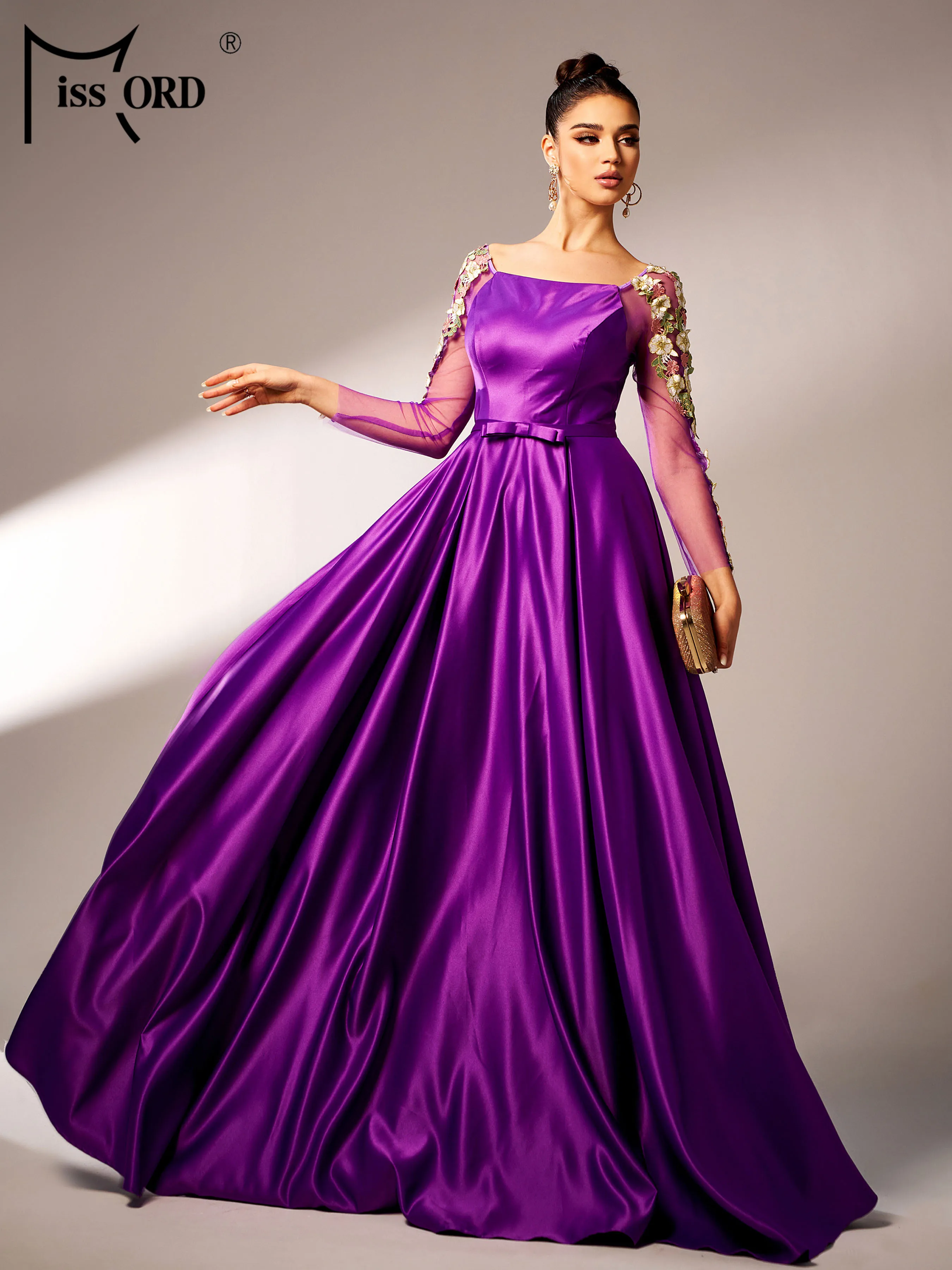 

Missord Purple Square Neck Mesh Sleeves A Line Evening Gown Wedding Birthday Party Formal Occasion High Quality Graduation Dress