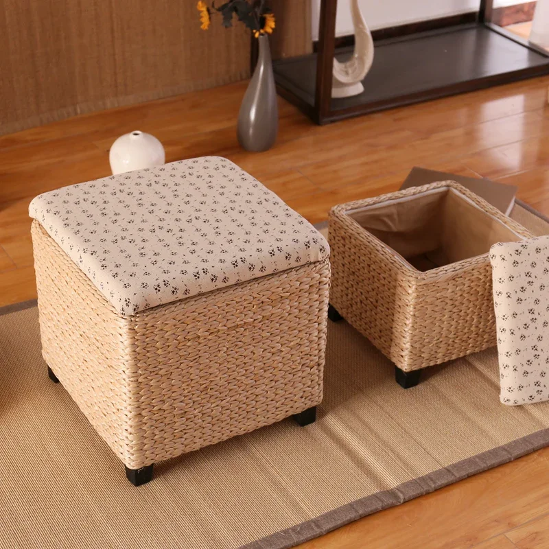 Woven Seagrass Storage Ottoman Solid Wood Shoe Changing Stool Entryway Bench with Seat Living Room Natural Fiber Organizer Chest
