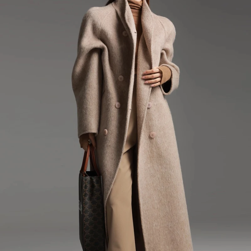 Modischer Stehkragen, zweireihiger Damen-Langmantel aus doppelseitiger Wolle, 2025, neuer eleganter Alpaka-Mantel aus Wolle für Damen