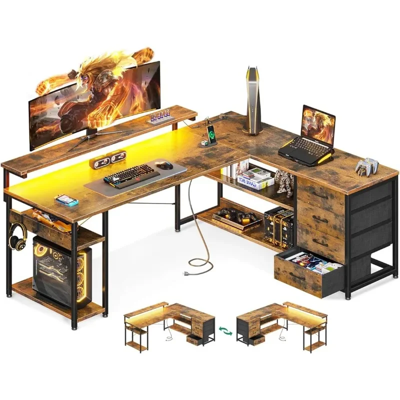 

AODK 61" L Shaped Desk with Drawer, Computer Desk with Power Outlets & LED Lights, Reversible Corner Gaming Desk