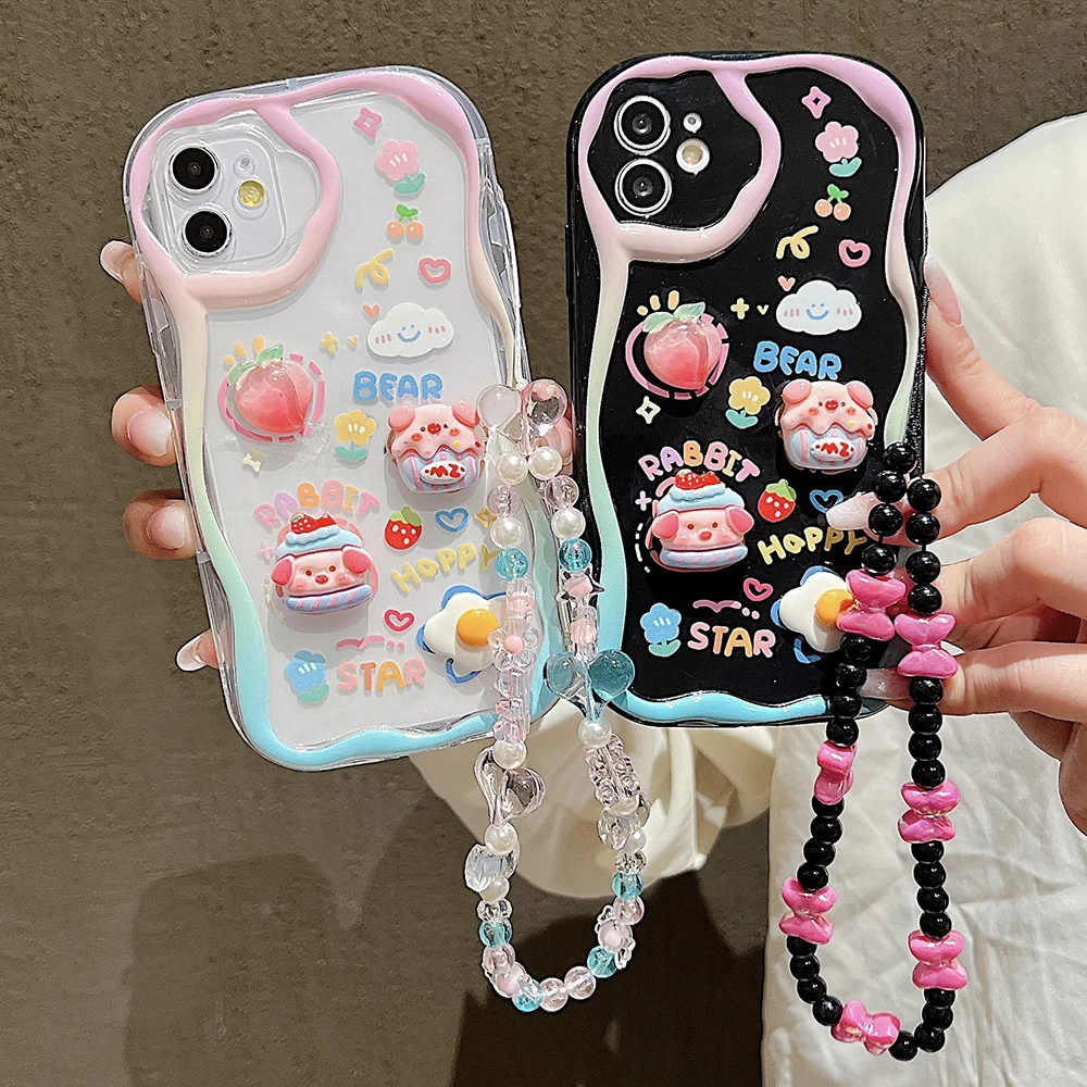 Cute 3D Pig Bracelet Wrist Chain Lanyard Clear Soft Phone Case For iPhone 17 16 13 14 15 Pro Max 11 12 XR XS X 7 8 Plus SE Cover