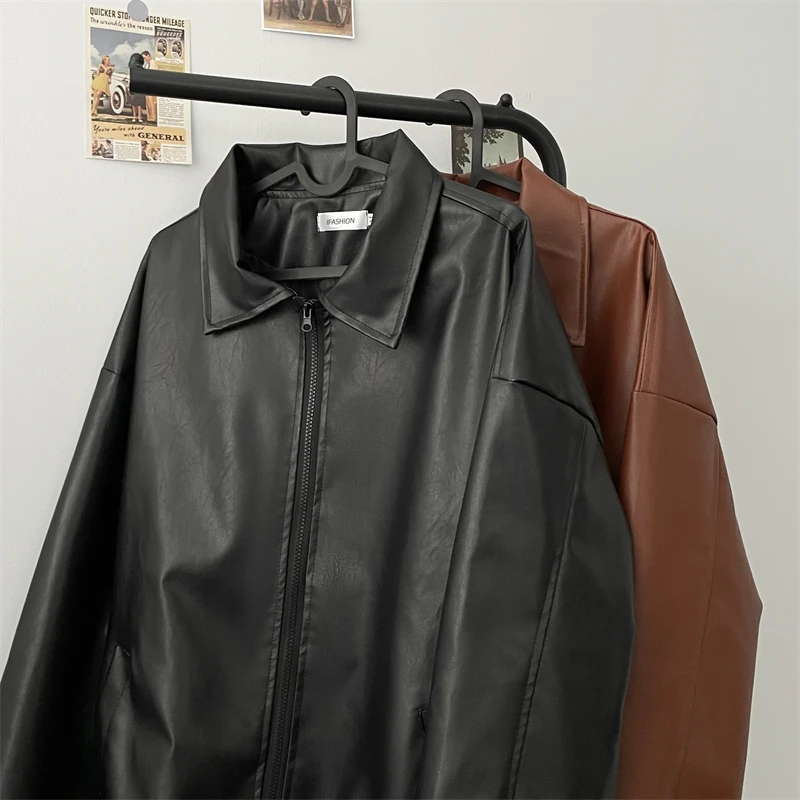 PU Leather Jackets Men Bomber Coats American Retro Streetwear Chic Handsome Zip-Up Y2k Clothes Cool Pure Minimalist Chaqueta New