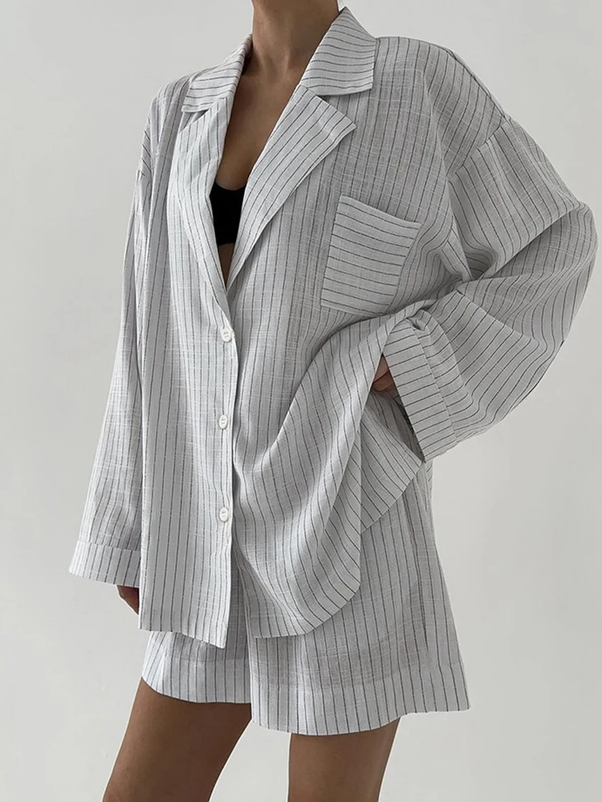 Marthaqiqi Striped Women Sleepwear Set Long Sleeve Nightgowns Sexy Turn-Down Collar Pajamas Shorts Causal Ladies Nightwear Suits