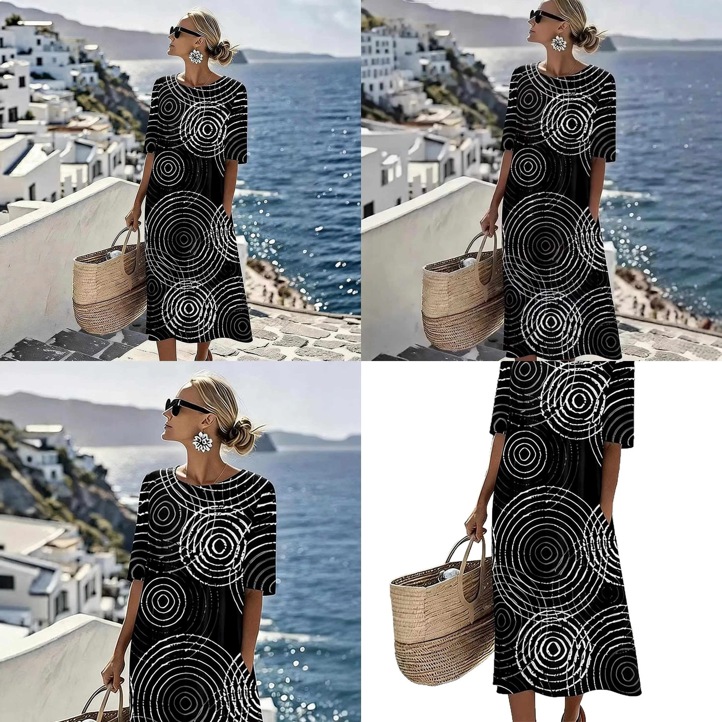 

Women Abstract Circle Geometric Print Dress Midi Dresses Spring Summer Loose Casual Vacation Overall Jumpsuit Playsuit