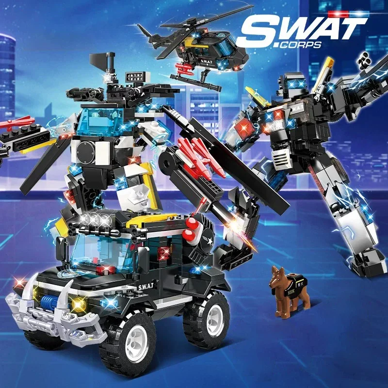 Ideas Series 2 In 1 SWAT Transforming Mecha Car Building Blocks Military Plane Robot Model Bricks Toys For Kid Birthday Gift MOC