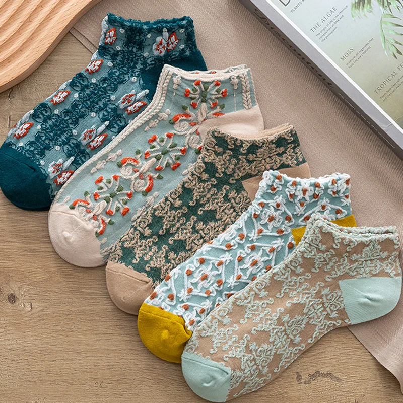 5 Pairs Women Retro Harajuku Style Socks Summer Shallow Mouth Thin Small Flower Cute Sweet Soft Skin-friendly Low Boat Socks