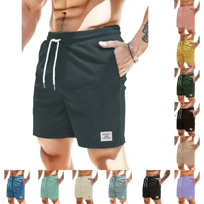 

Summer new solid color lace-up sweatpants corduroy simple quarter shorts men's shorts casual pants