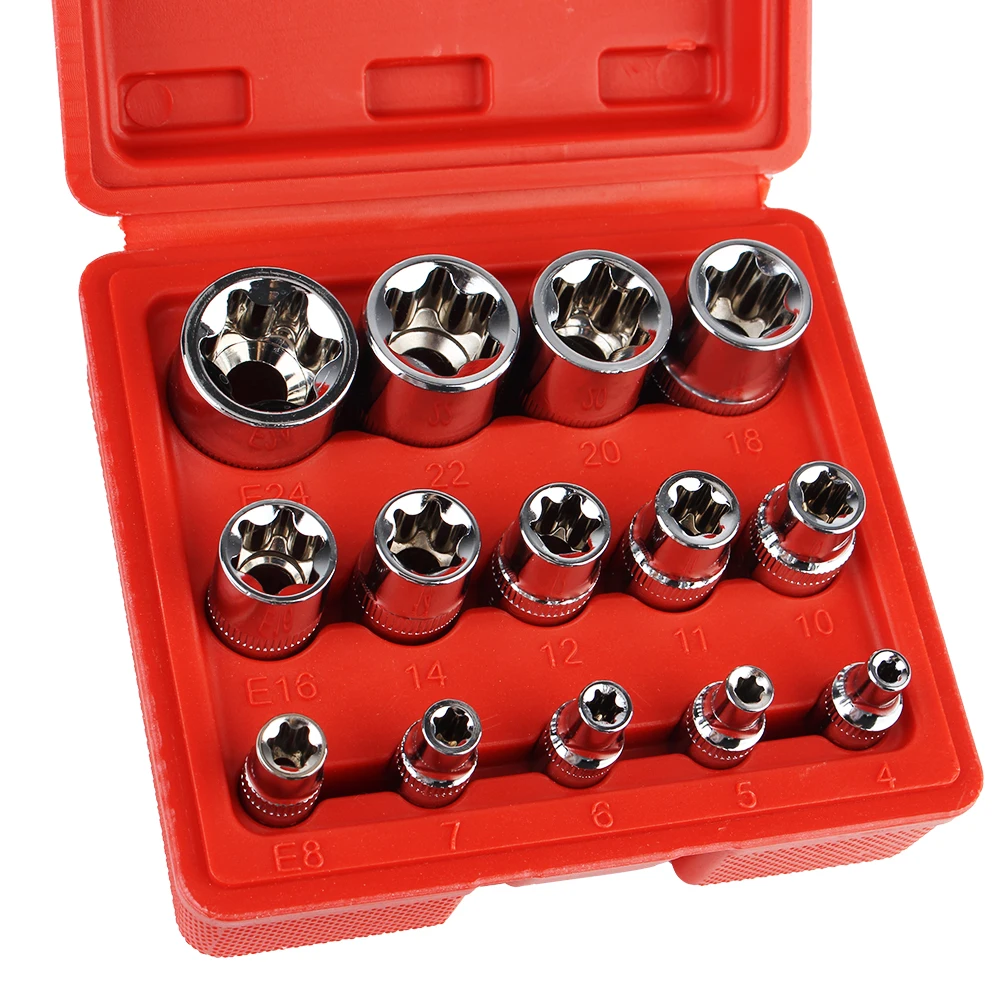 E4-E24 External Torx Socket Set Star Socket Set 14-Pieces Auto Repair Tools Female E Torx Socket Set Wrench Head with a Case