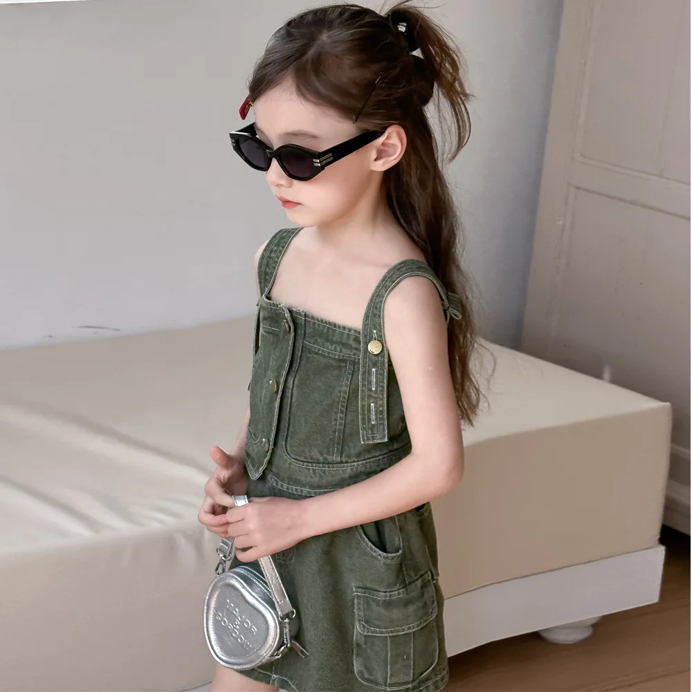 Set per bambini Summer Girls Cowboy Sling gonna corta marea due pezzi 2024 gilet Cool Girls Fashion elastico in vita solido