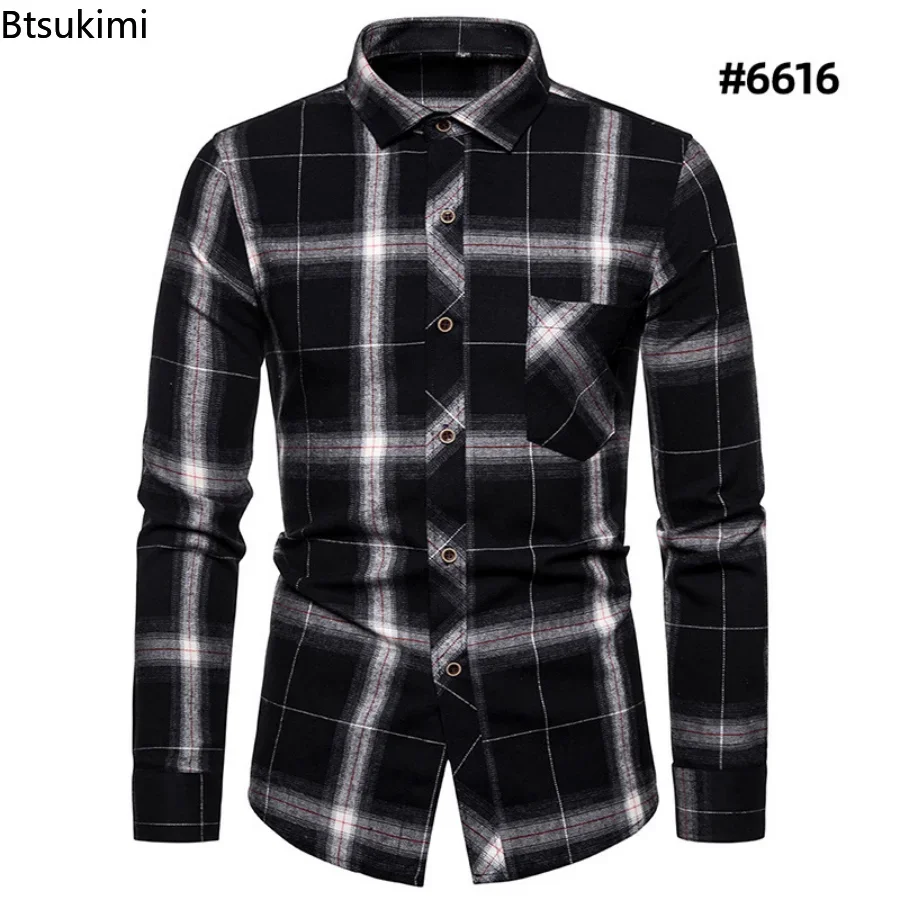 New 2024 Men\'s Harajuku Plaid Shirts 100% Cotton Pocket Long Sleeve Male Slim Fit Blouses High Quality Casual Checked Shirt Men