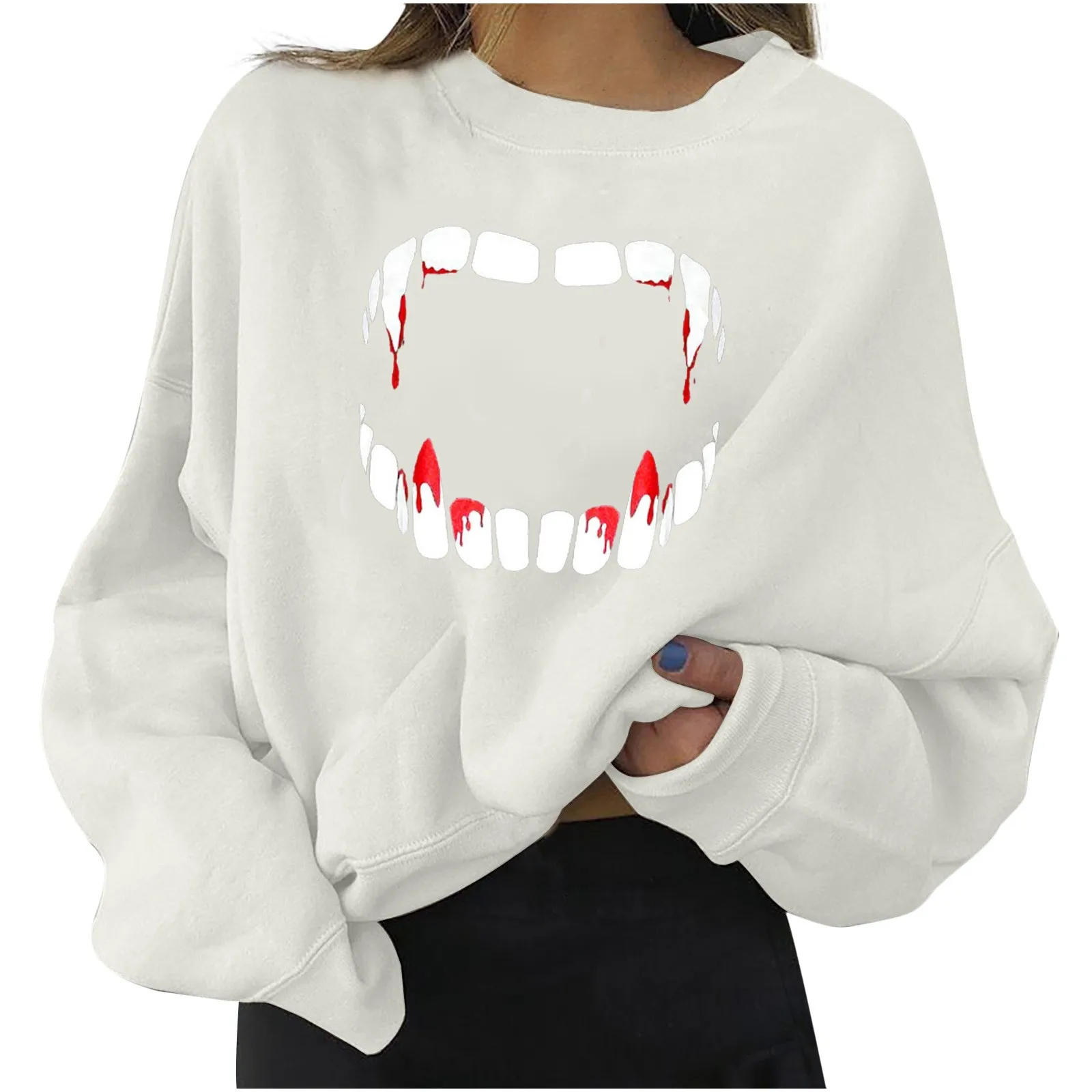 2024 New Women'S Halloween Hoodie Tooth Print Round Neck Long Sleeve Warm Pullover Fashion Trend Comfortable Loose Hoodie