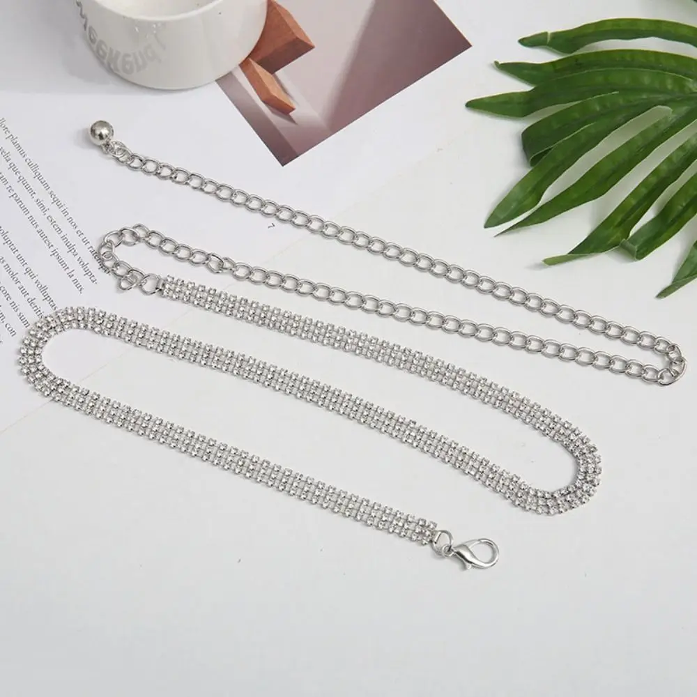 Simple Bling Zircon Inlaid Waist Belt Adjustable 3 Rows Rhinestone Waistband Long Chain Luxury Crystal Waist Chain Ladies