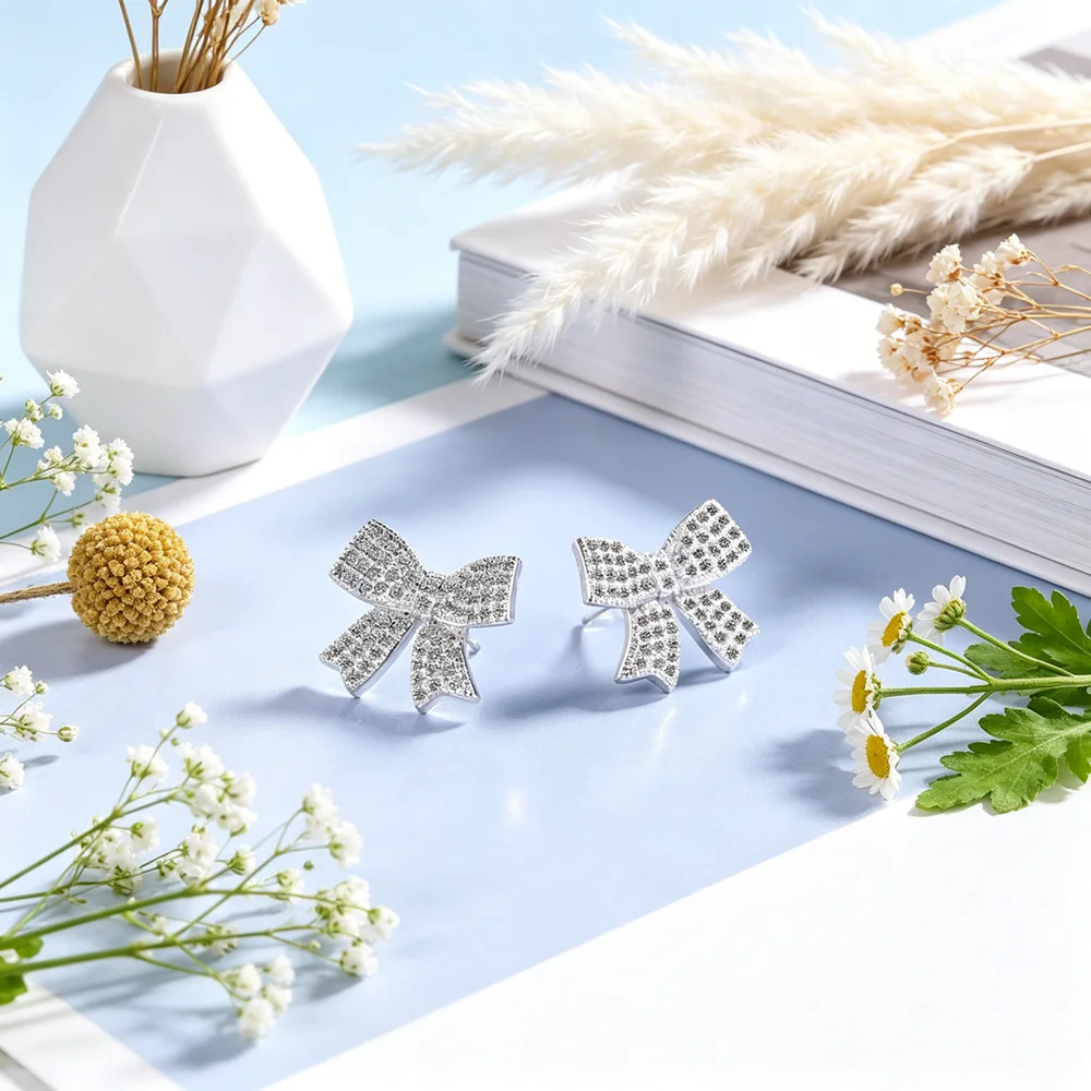 Hot Sale 100% 925 Sterling Silver Fashion Female Earrings Cute Pretty Shinning Zircons Lovely Bow Stud Earrings For Girls